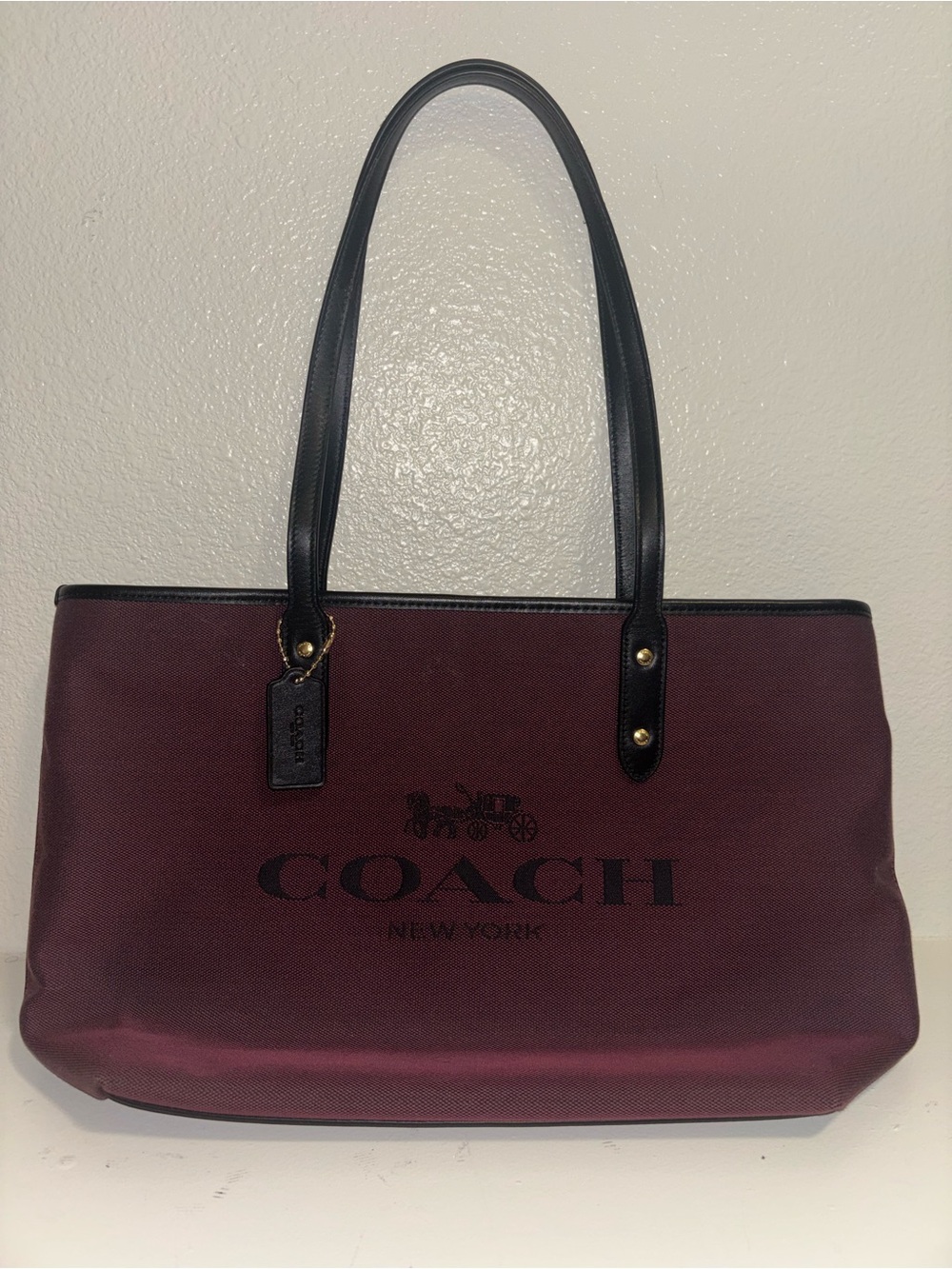 Coach Burgundy Canvas Tote with Black Leather Straps